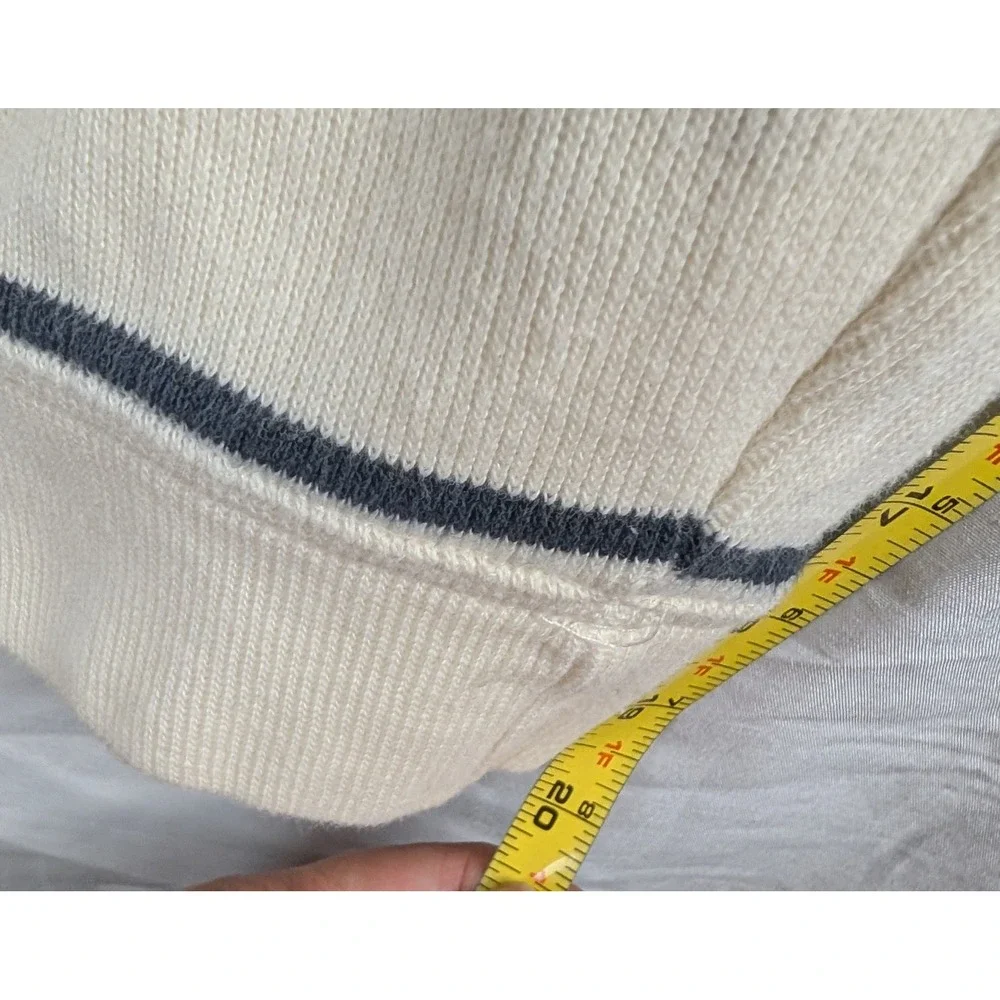 Quarter Zip Sweater Large 42-44 Cream Navy Grey Striped Cotton Knit Collared